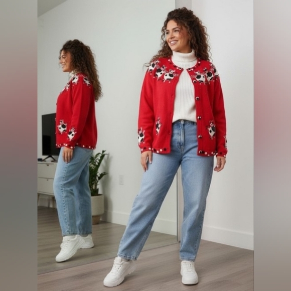 Y2K Holiday Red Vintage Dancing Cow Quirky Whimsical Knit Beaded Sequin Cardigan - Picture 8 of 8